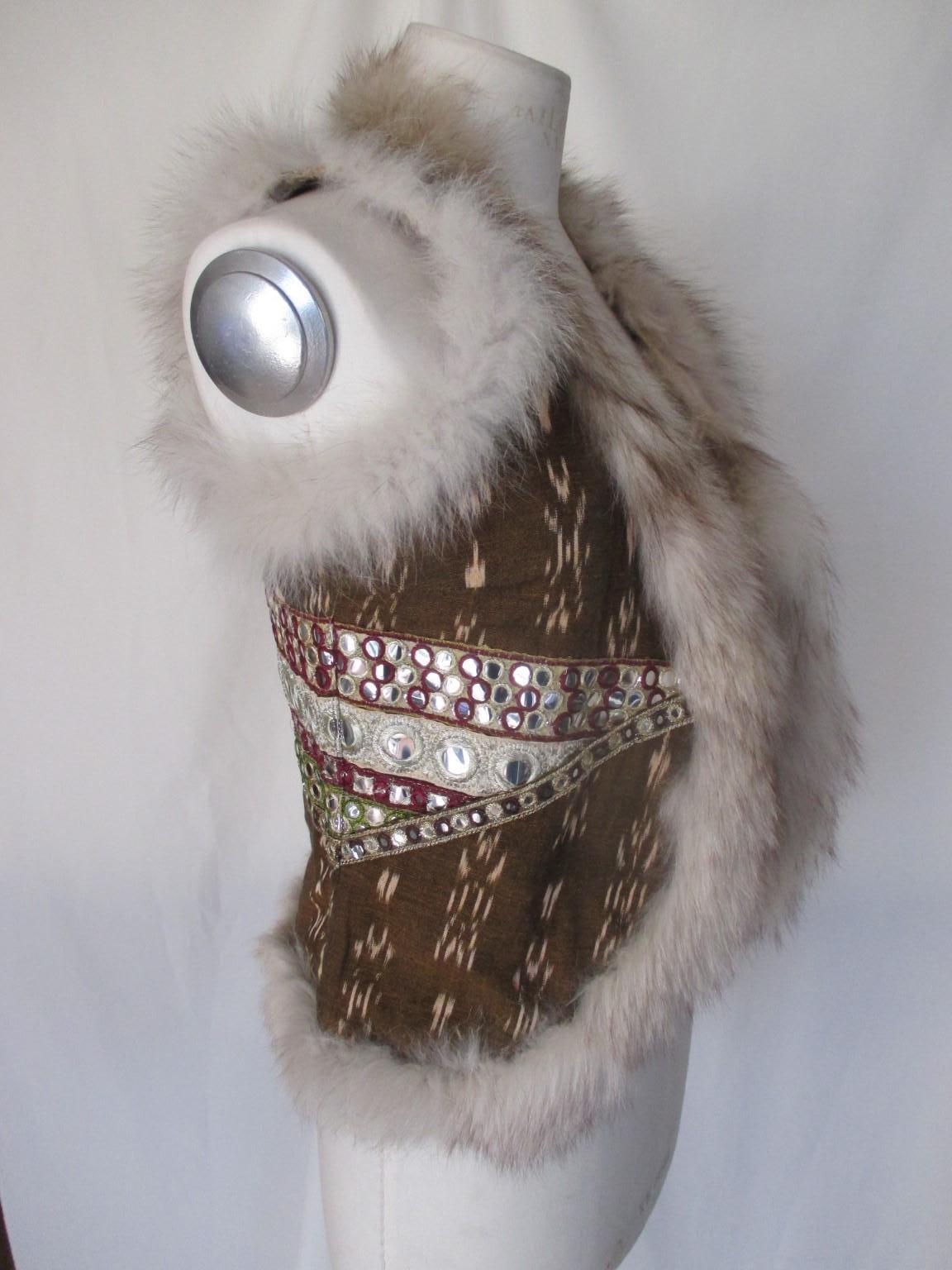 Gray Brown Silver Ikat Gilet with Fox Fur  For Sale