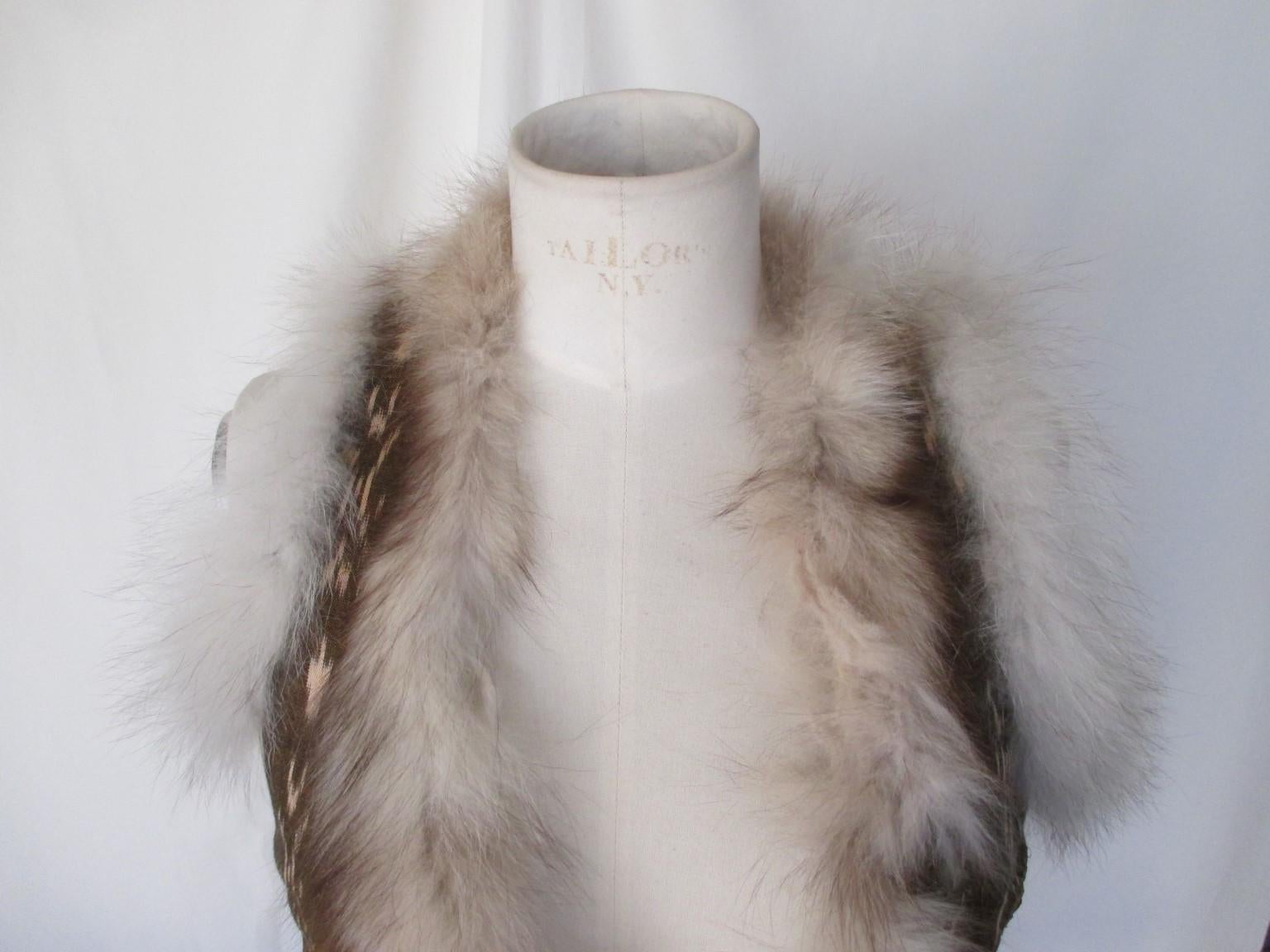 Women's or Men's Brown Silver Ikat Gilet with Fox Fur  For Sale