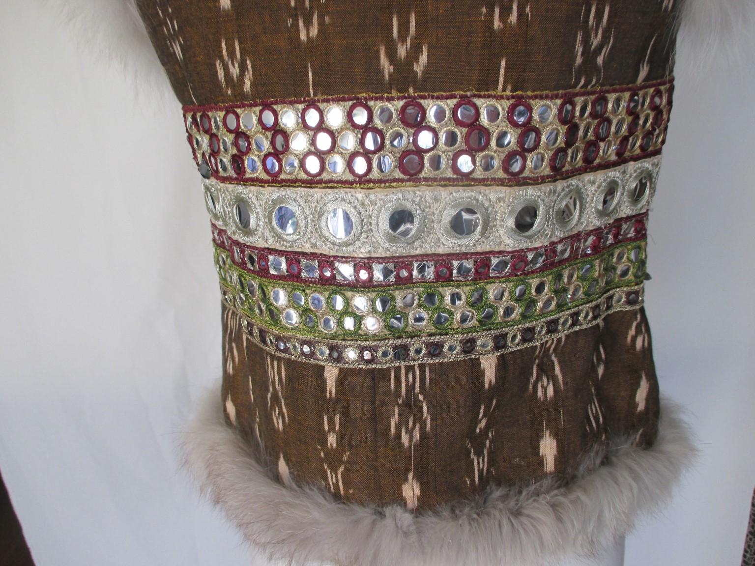 Brown Silver Ikat Gilet with Fox Fur  For Sale 1