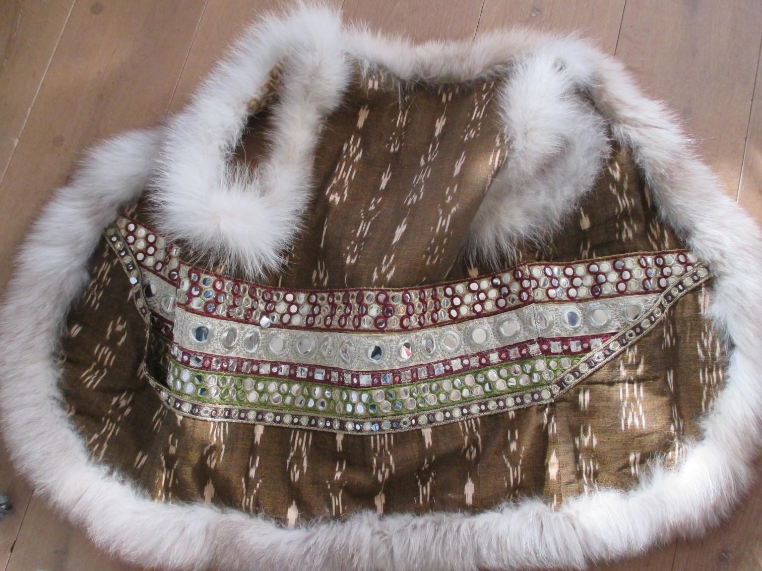 Brown Silver Ikat Gilet with Fox Fur  For Sale 2