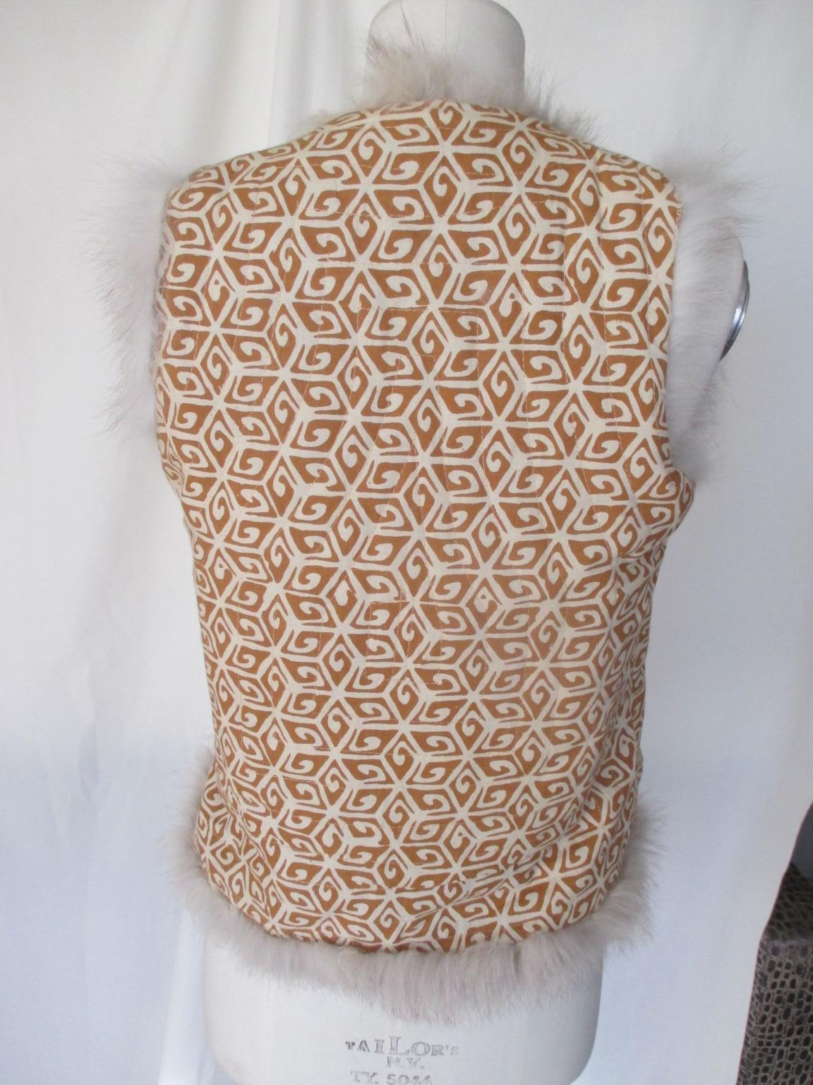 Brown Silver Ikat Gilet with Fox Fur  For Sale 3