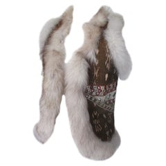 Brown Silver Ikat Gilet with Fox Fur