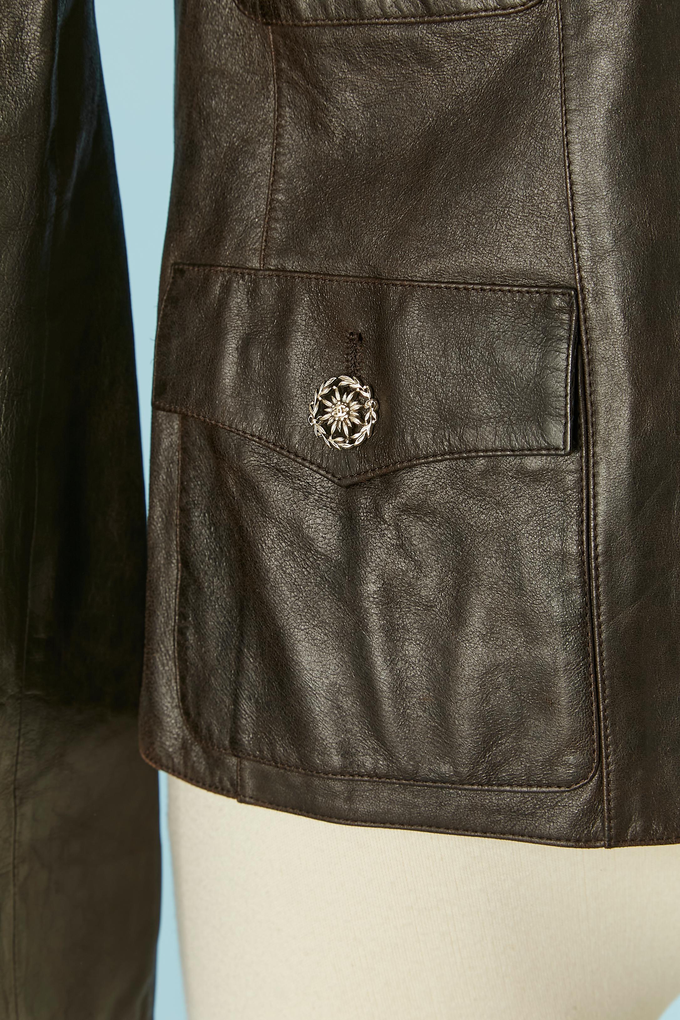 Women's Brown single breasted leather jacket Chanel For Sale