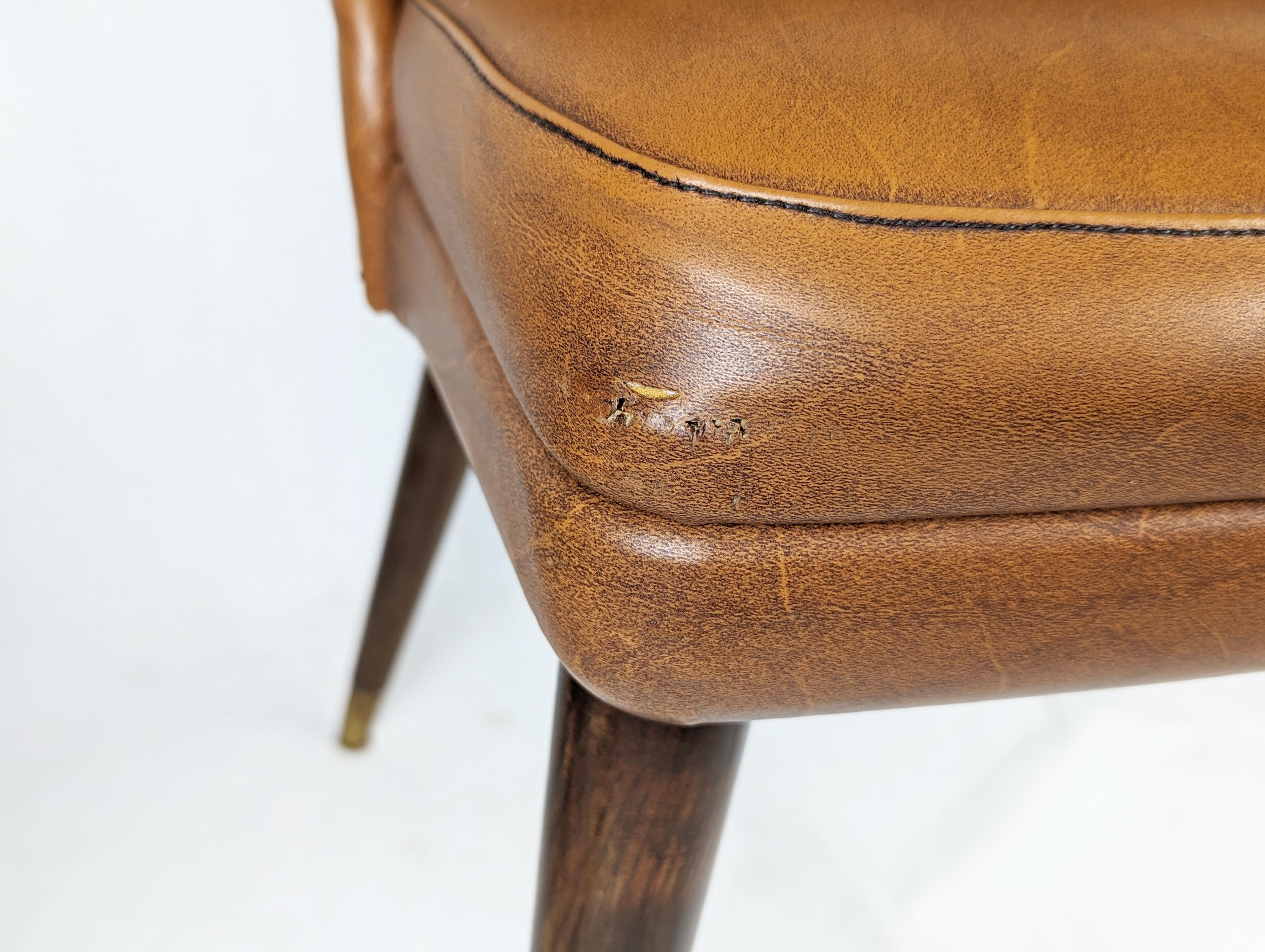 Brown skai, wood & brass 1956 chairs by Carlo Pagani for Cassina For Sale 3