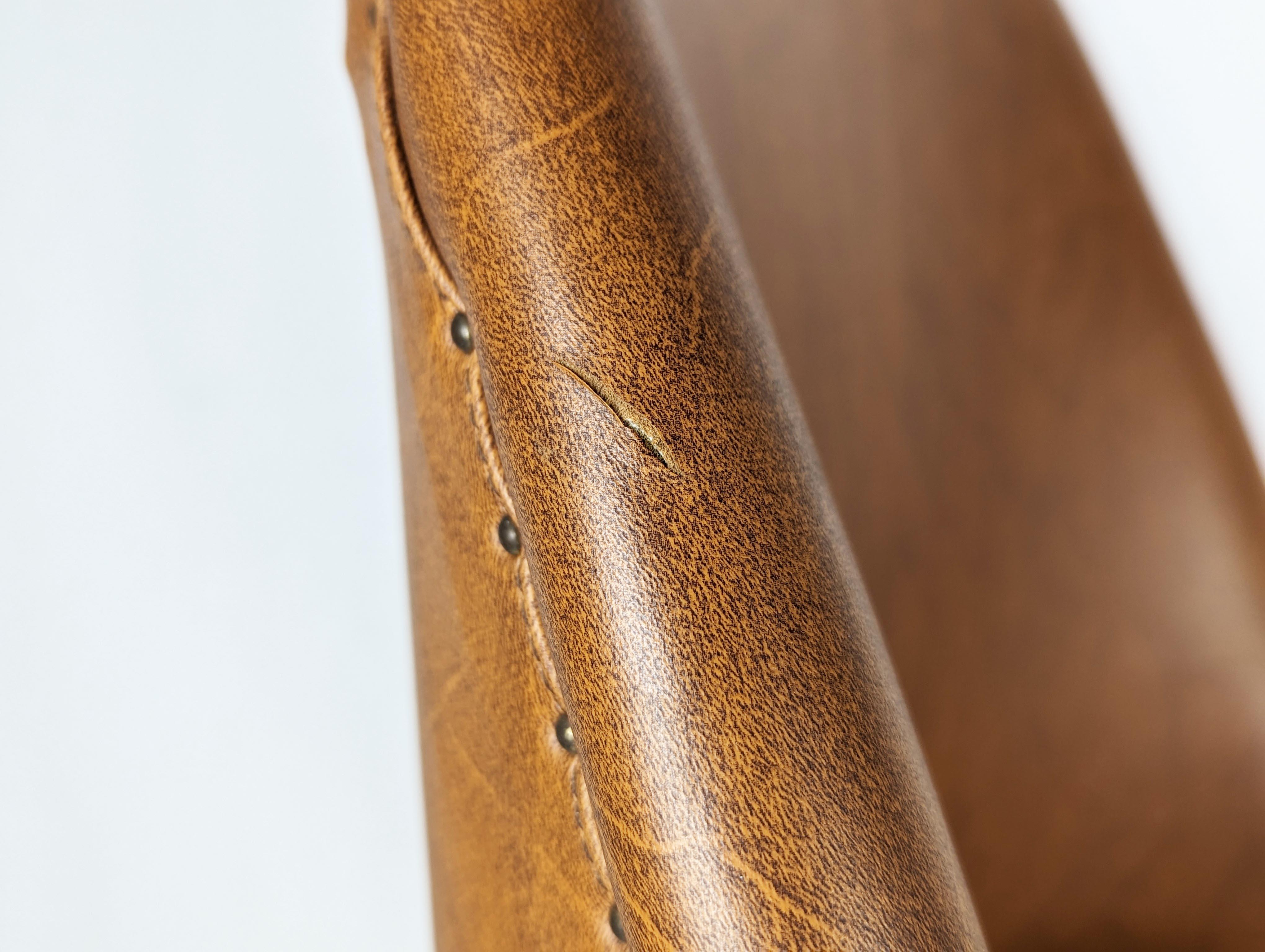 Brown skai, wood & brass 1956 chairs by Carlo Pagani for Cassina For Sale 4