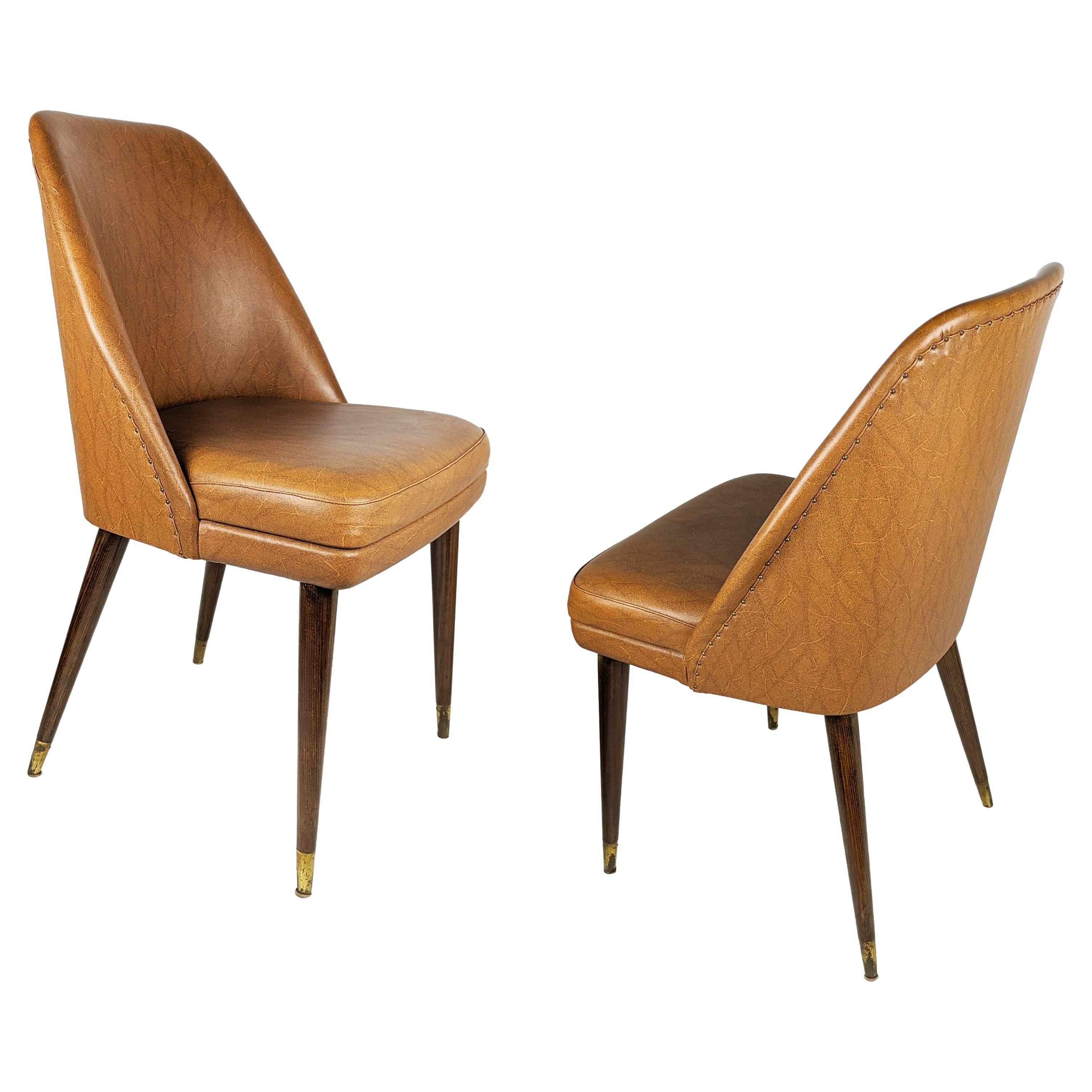 Brown skai, wood & brass 1956 chairs by Carlo Pagani for Cassina For Sale