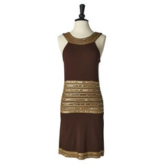 Brown sleeveless cocktail dress with gold painting and beadwork Gianfranco Ferré