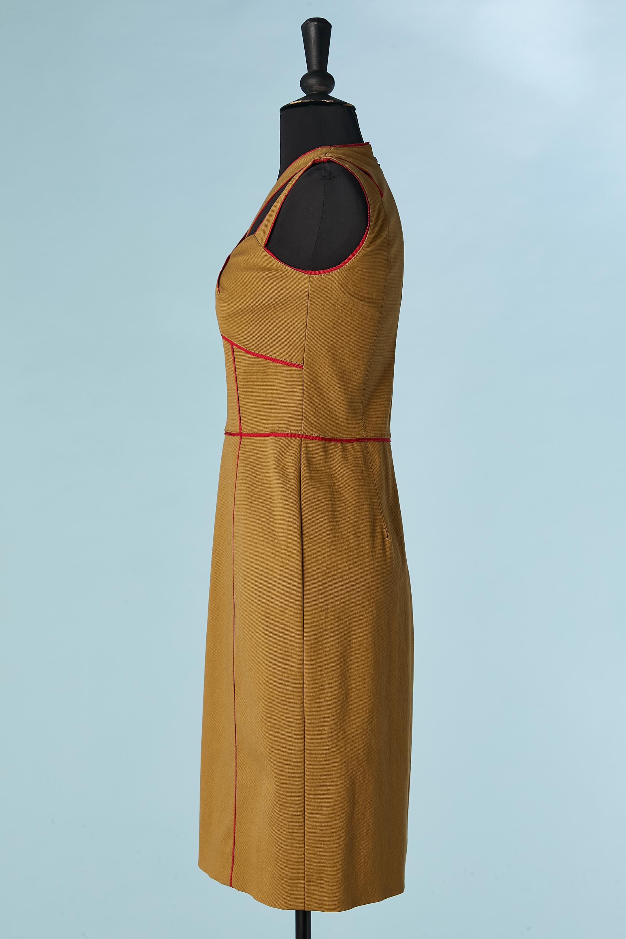 Brown sleeveless dress with red gros-grain piping Oscar de la RENTA In Excellent Condition For Sale In Saint-Ouen-Sur-Seine, FR