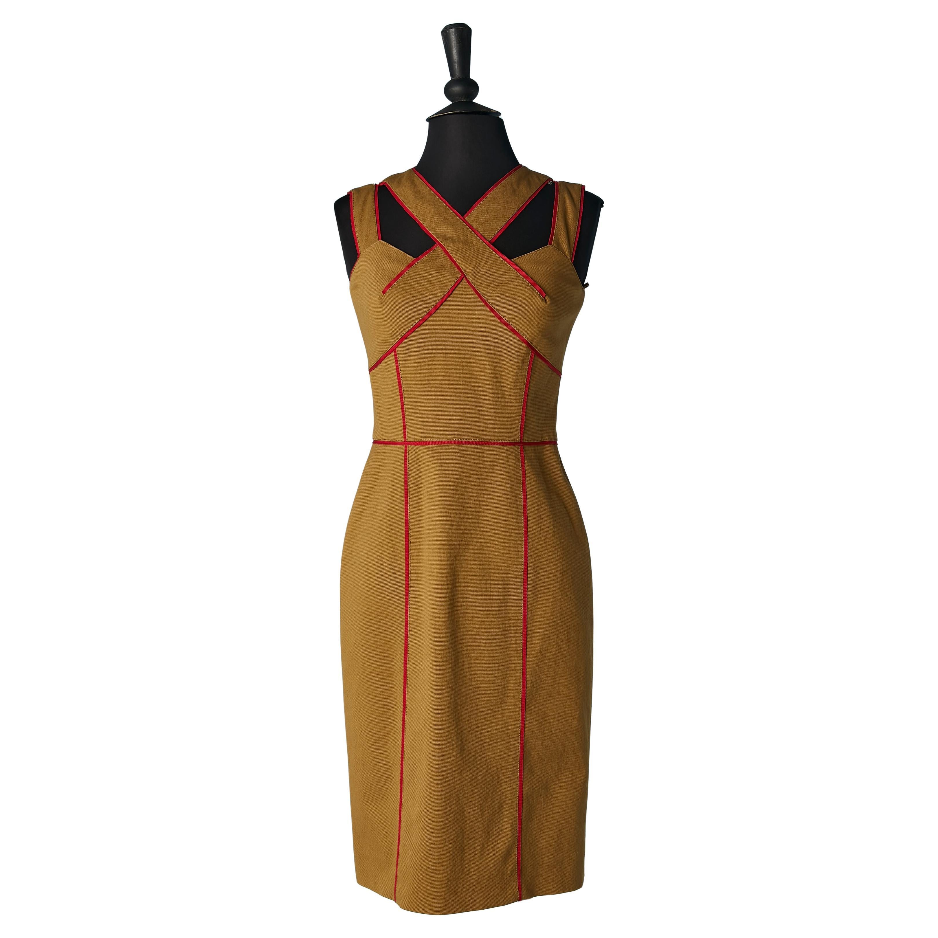 Brown sleeveless dress with red gros-grain piping Oscar de la RENTA For Sale