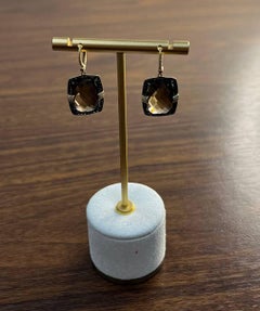 Brown Smokey Quartz Black Diamonds Pave Set 14K Gold Statement Earrings