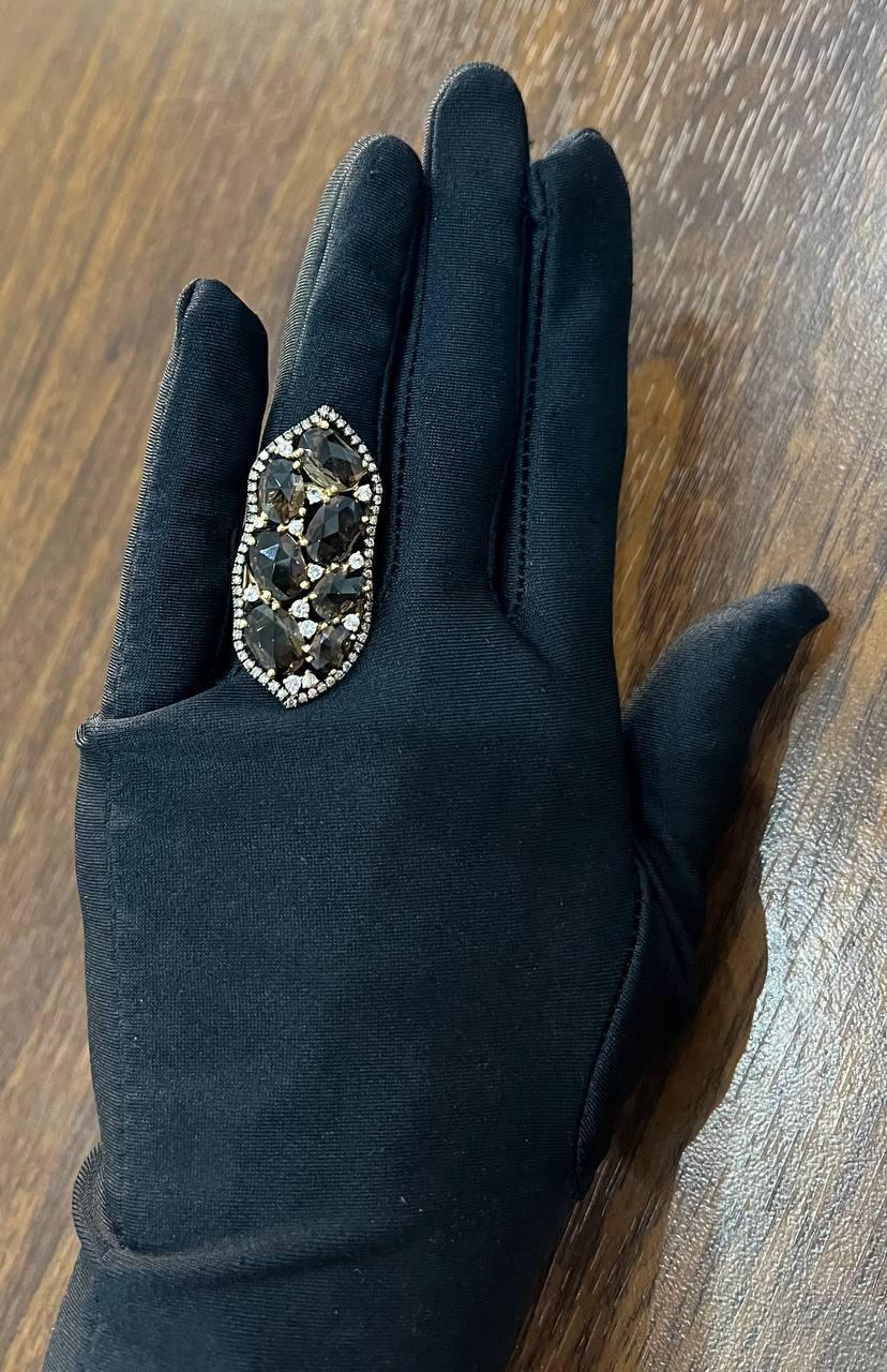 Brown Smokey Quartz & Sapphire Diamonds Halo Statement 14K Gold Statement Ring For Sale 6