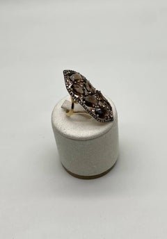 Brown Smokey Quartz & Sapphire Diamonds Halo Statement 14K Gold Statement Ring