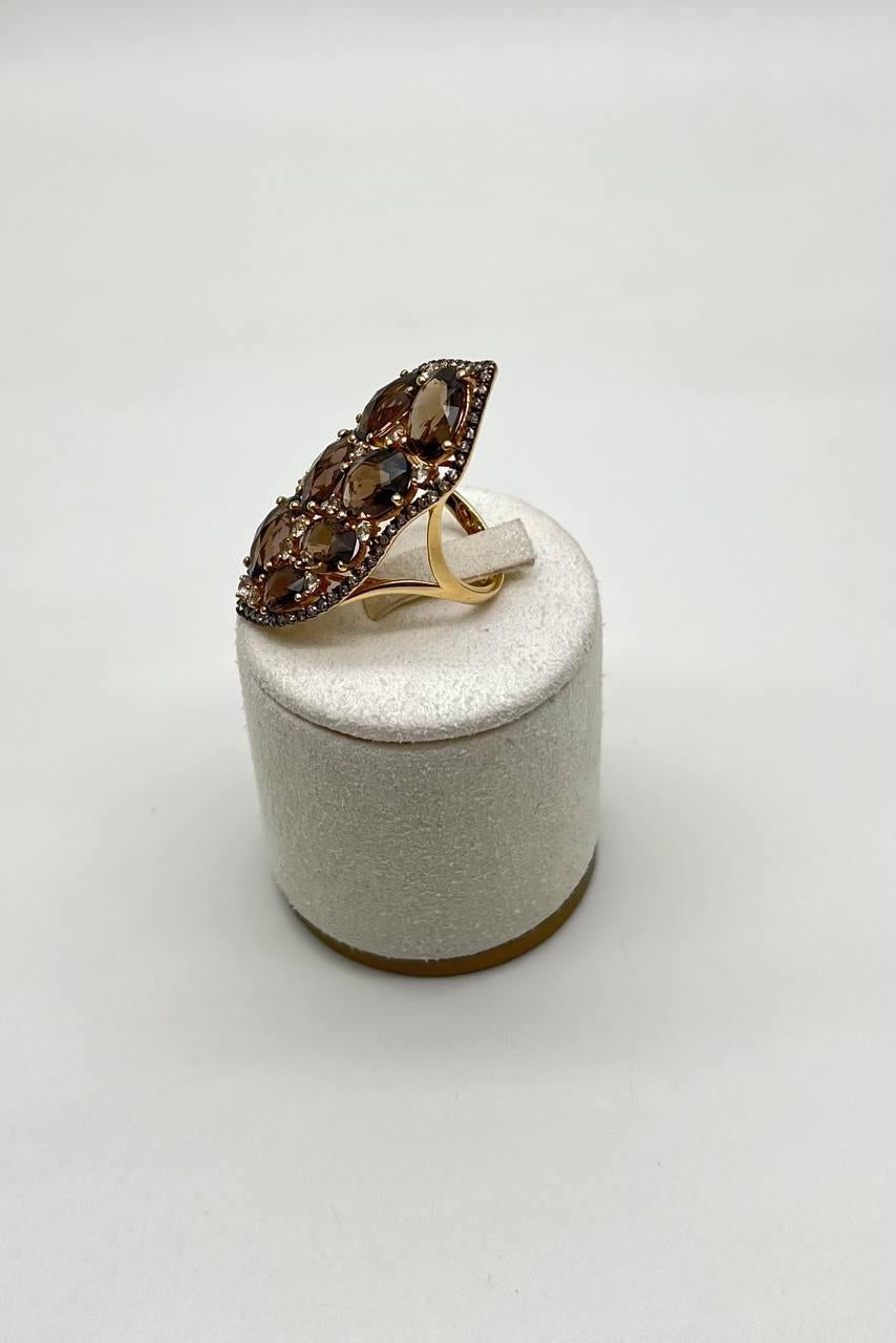 Oval Cut Brown Smokey Quartz & Sapphire Diamonds Halo Statement 14K Gold Statement Ring For Sale