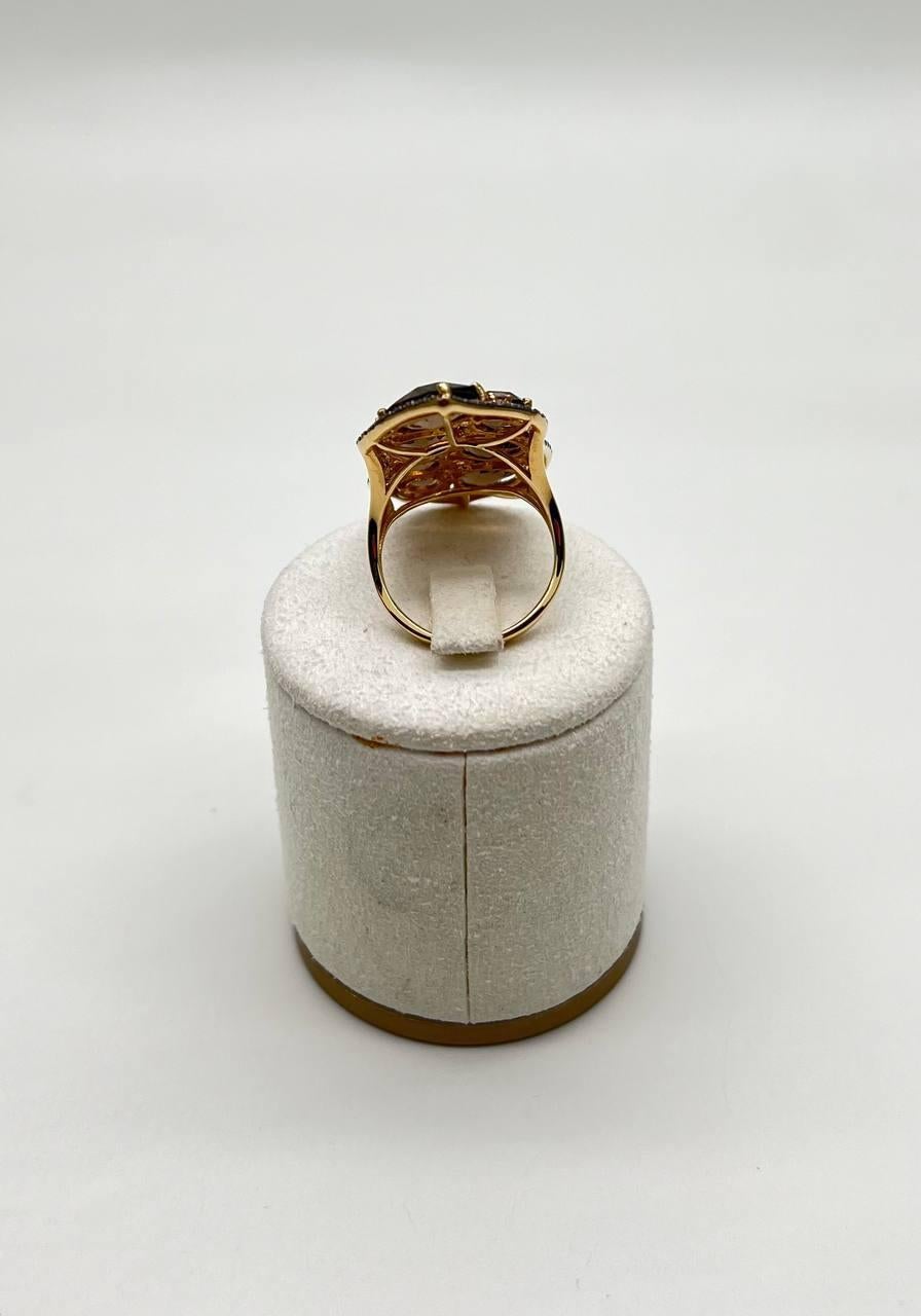 Brown Smokey Quartz & Sapphire Diamonds Halo Statement 14K Gold Statement Ring In New Condition For Sale In Oakton, VA