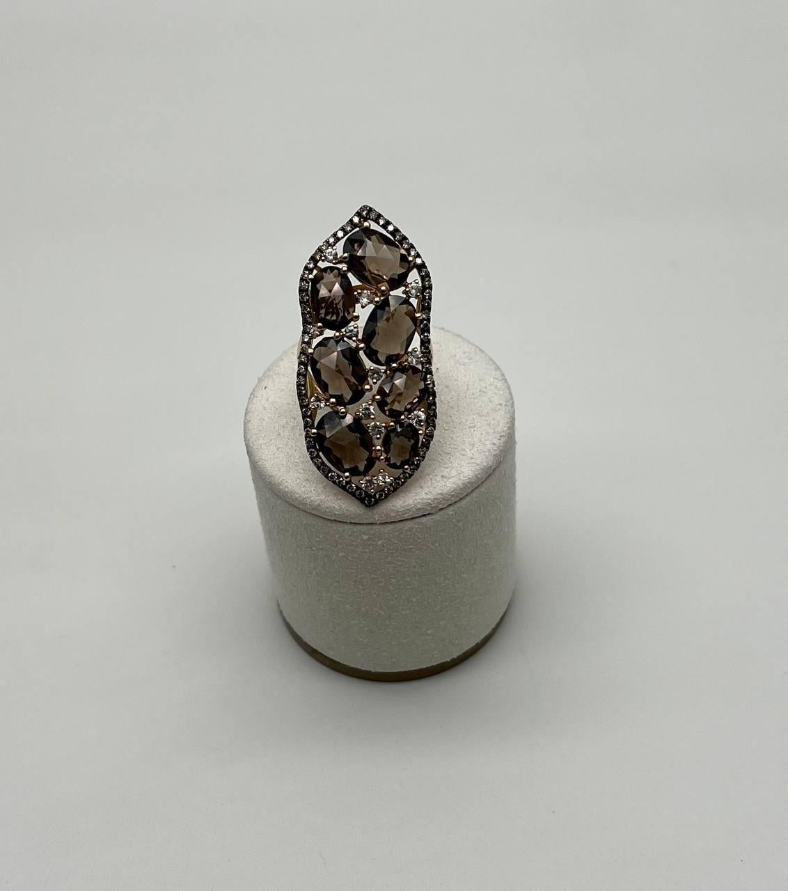 Women's Brown Smokey Quartz & Sapphire Diamonds Halo Statement 14K Gold Statement Ring For Sale