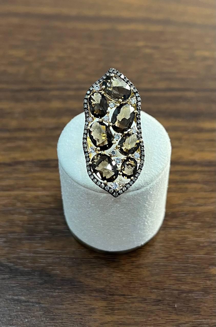 Brown Smokey Quartz & Sapphire Diamonds Halo Statement 14K Gold Statement Ring For Sale 1