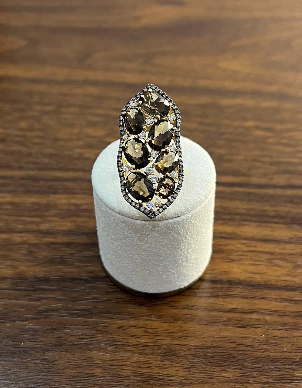 Brown Smokey Quartz & Sapphire Diamonds Halo Statement 14K Gold Statement Ring For Sale 2