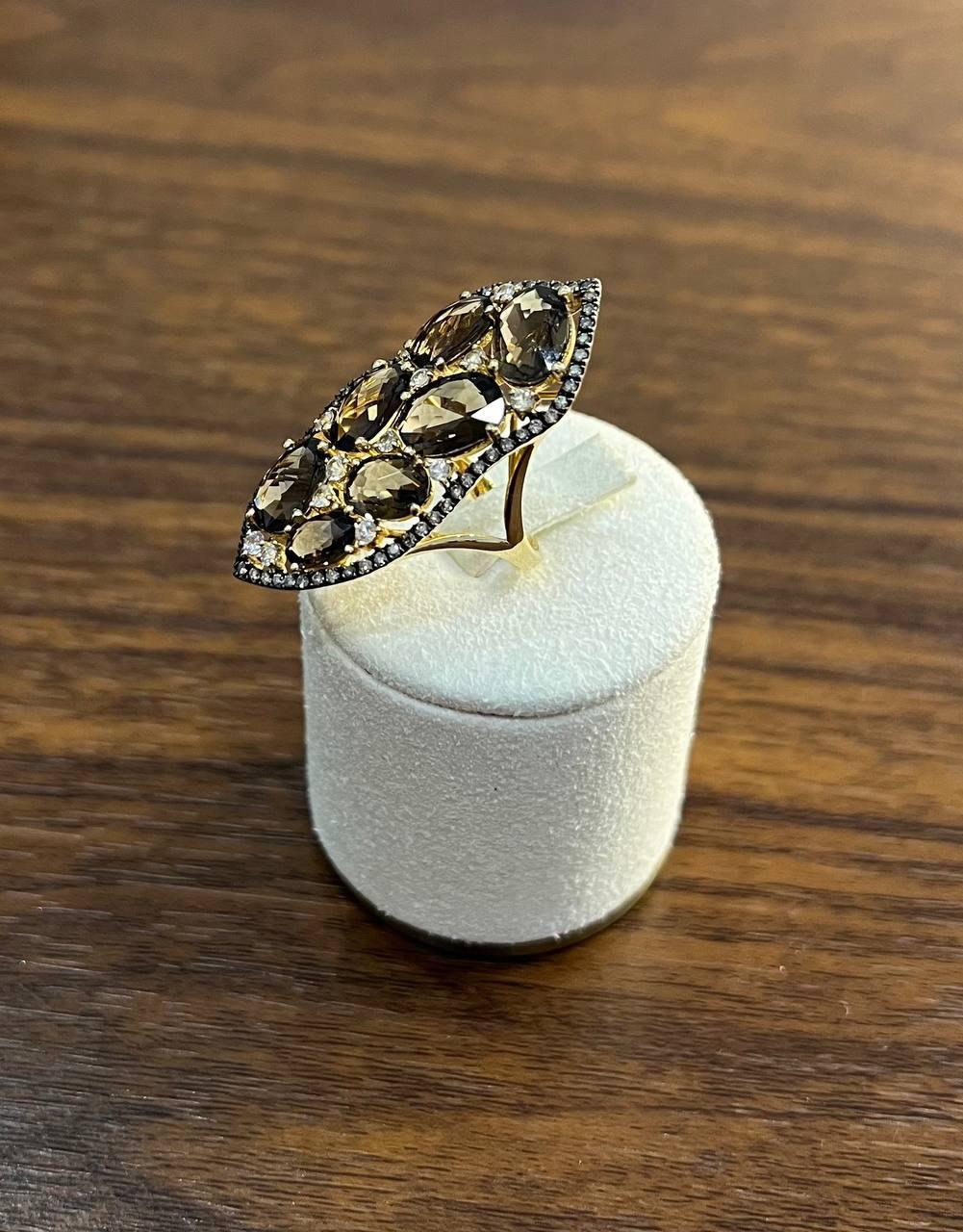 Brown Smokey Quartz & Sapphire Diamonds Halo Statement 14K Gold Statement Ring For Sale 3