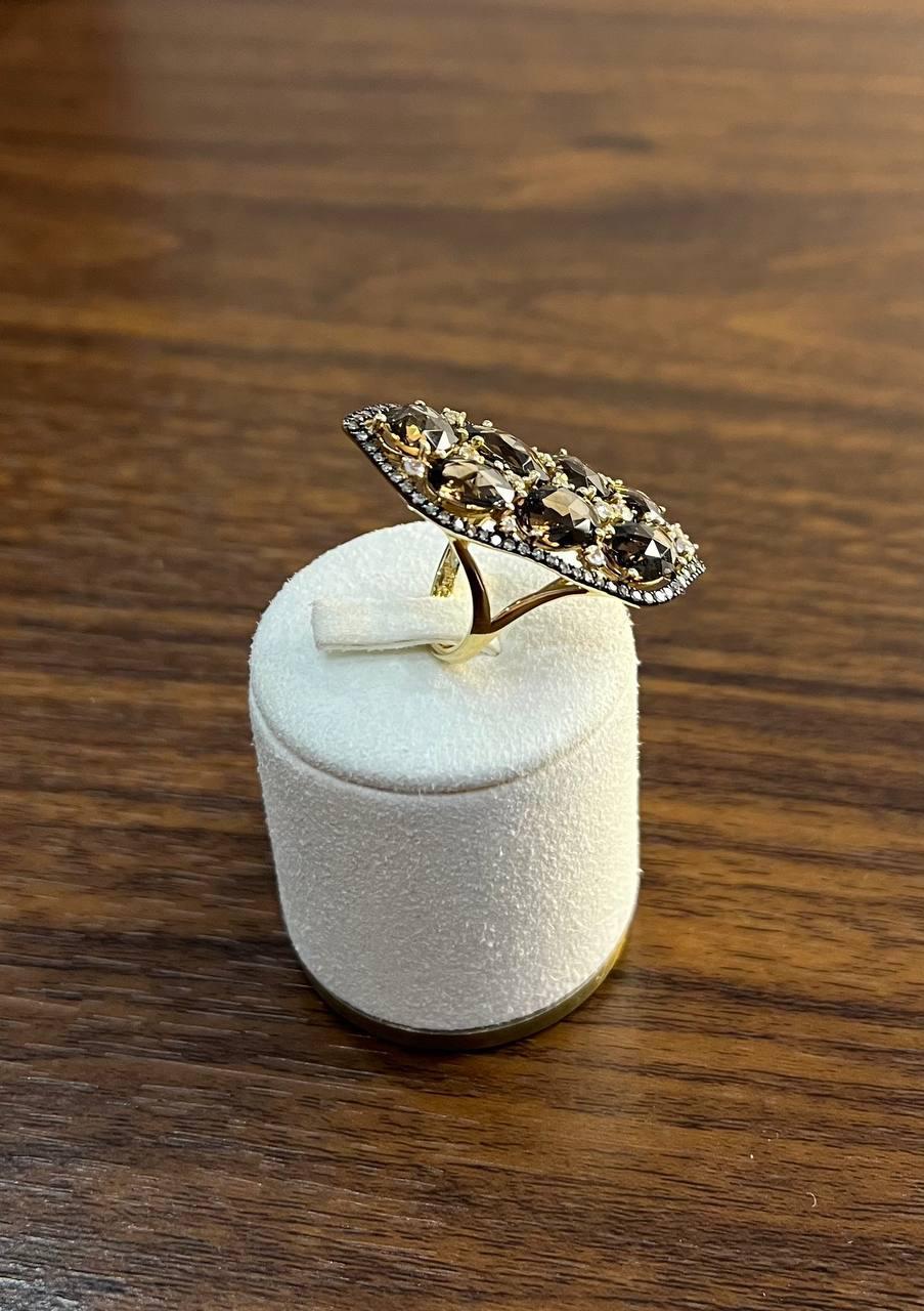 Brown Smokey Quartz & Sapphire Diamonds Halo Statement 14K Gold Statement Ring For Sale 4