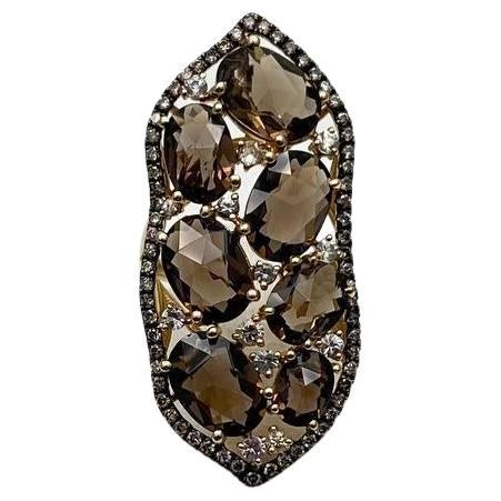 Brown Smokey Quartz & Sapphire Diamonds Halo Statement 14K Gold Statement Ring