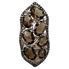Brown Smokey Quartz & Sapphire Diamonds Halo Statement 14K Gold Statement Ring