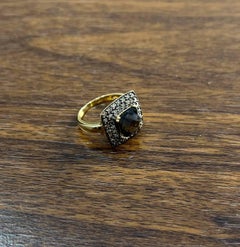 Brown Smoky Quartz Cushion Shape Diamond Halo 14K Yellow Gold Statement Ring (bague de déclaration en or jaune 14K)