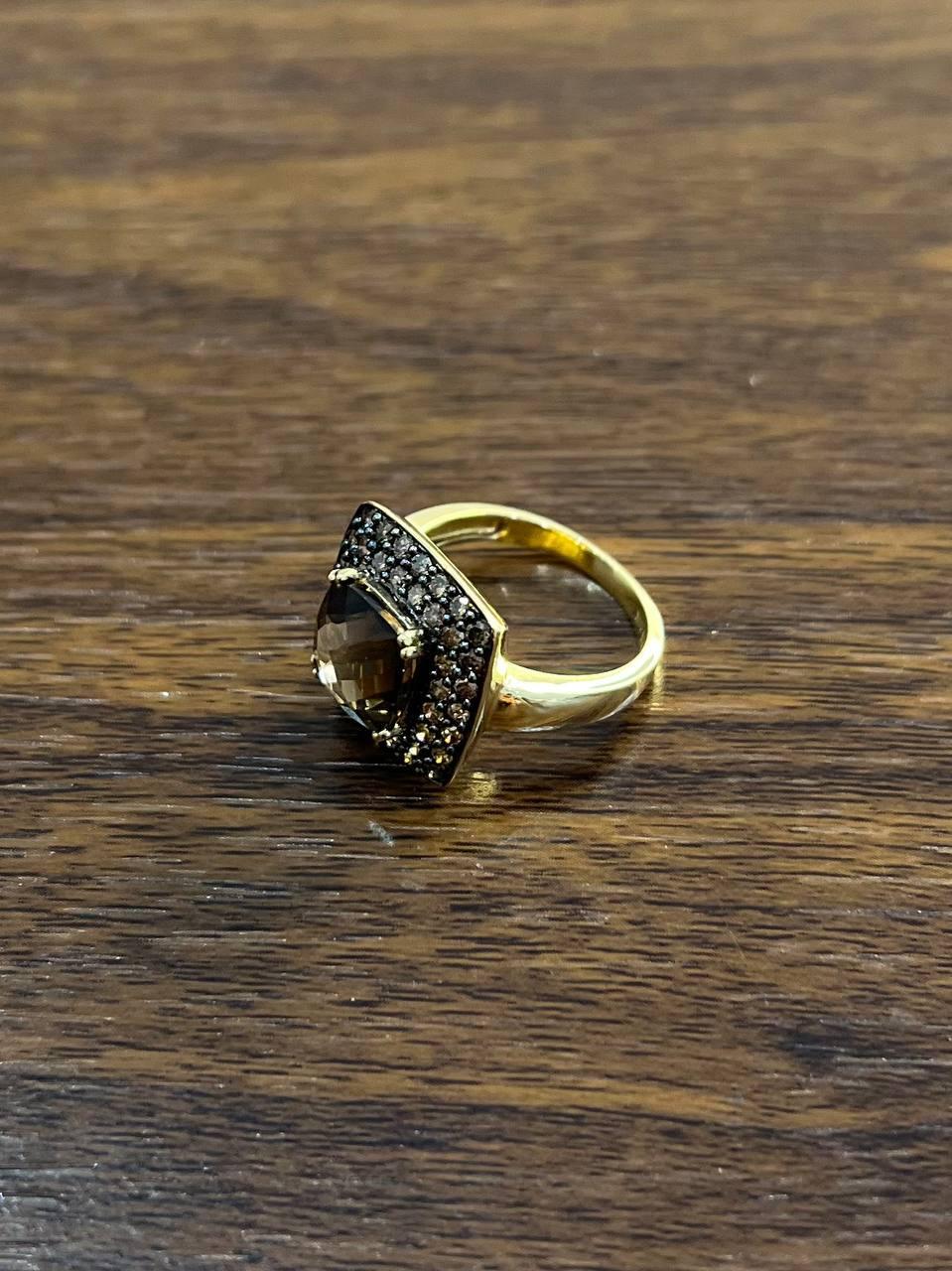 Cushion Cut Brown Smoky Quartz Cushion Shape Diamond Halo 14K Yellow Gold Statement Ring For Sale