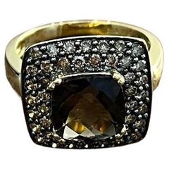 Brown Smoky Quartz Cushion Shape Diamond Halo 14K Yellow Gold Statement Ring