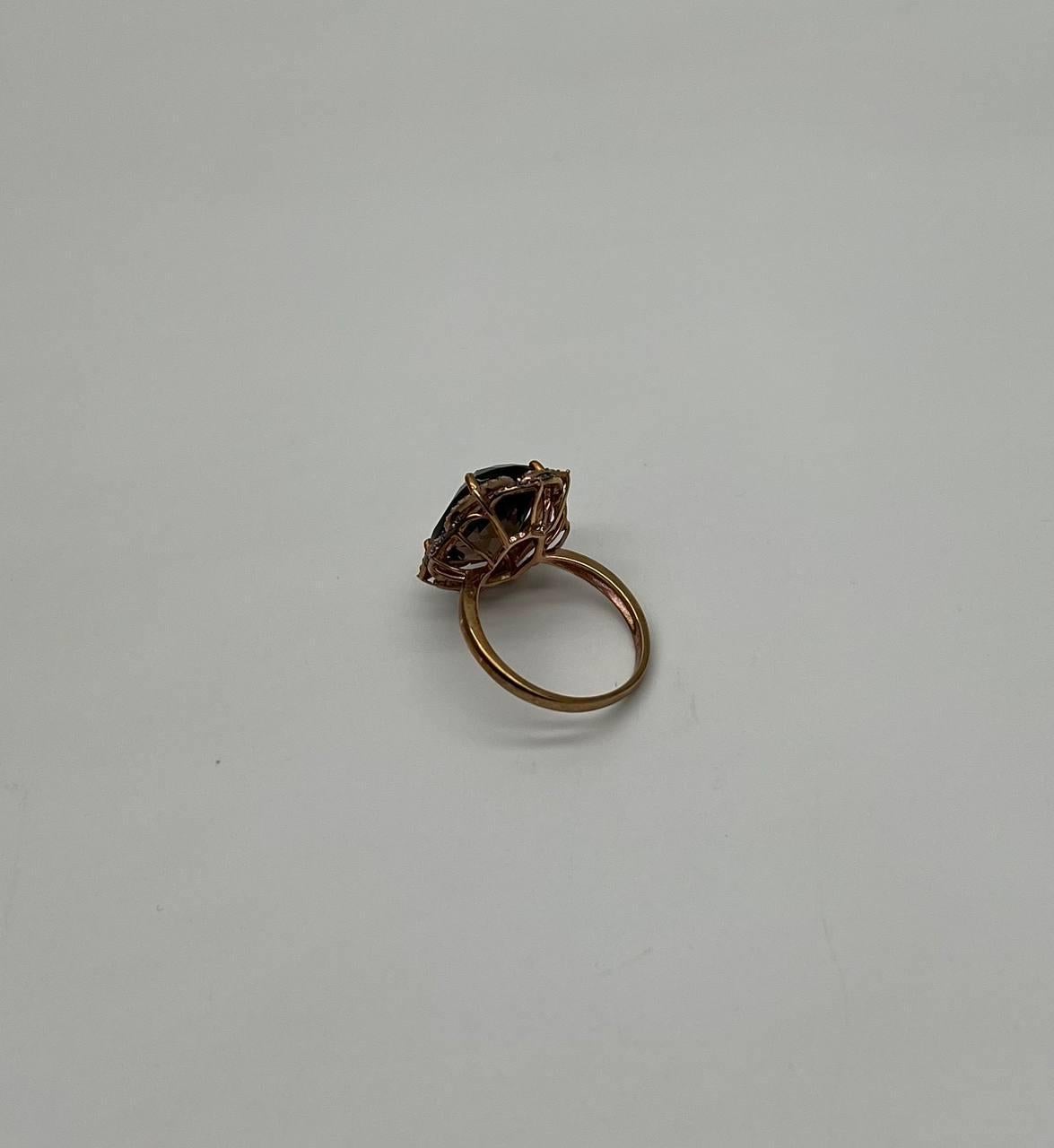 Mixed Cut Brown Smoky Quartz Diamond Halo 14K Rose Gold Statement Cocktail Ring For Sale