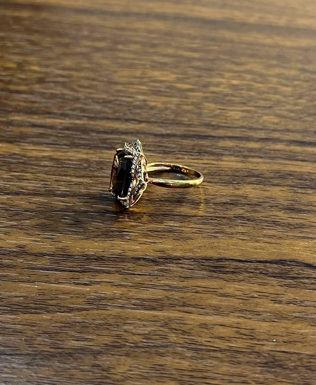 Women's Brown Smoky Quartz Diamond Halo 14K Rose Gold Statement Cocktail Ring For Sale