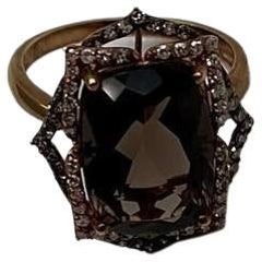 Brown Smoky Quartz Diamond Halo 14K Rose Gold Statement Cocktail Ring