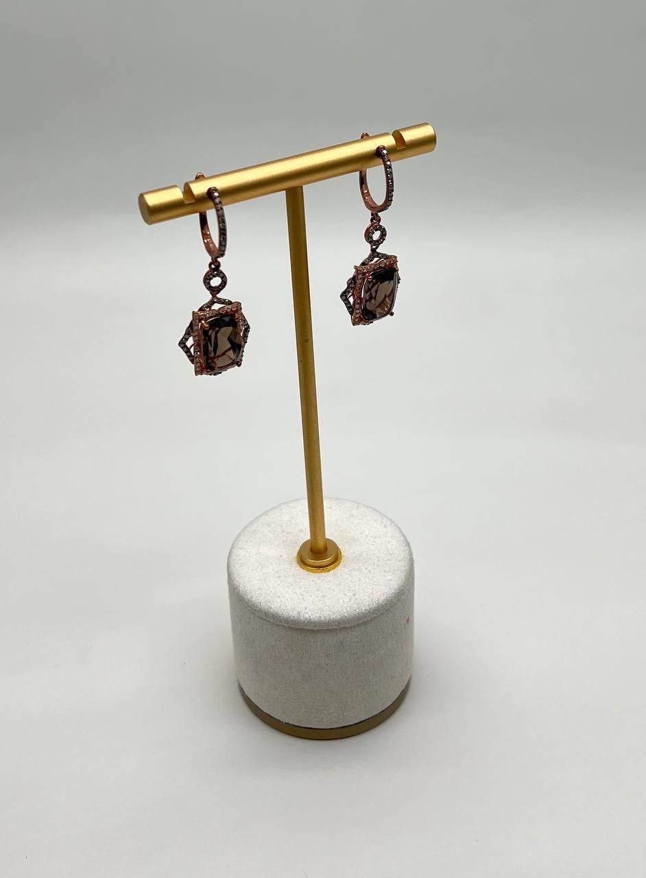 Braune Rauchquarz Diamanten Halo 14K Rose Gold Statement Tropfenohrringe (Moderne) im Angebot