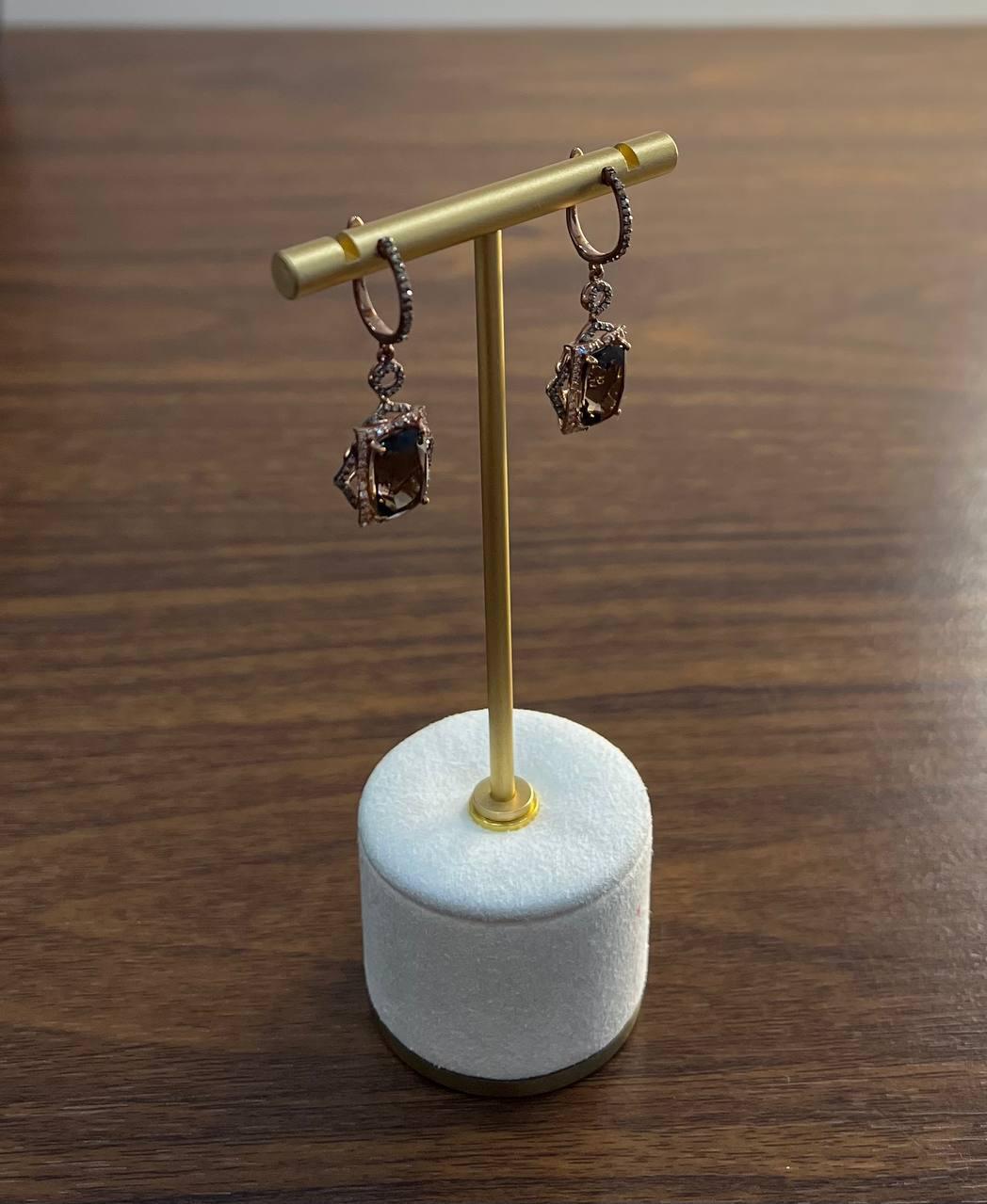 Braune Rauchquarz Diamanten Halo 14K Rose Gold Statement Tropfenohrringe im Angebot 1