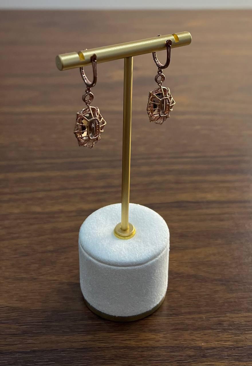 Braune Rauchquarz Diamanten Halo 14K Rose Gold Statement Tropfenohrringe im Angebot 3