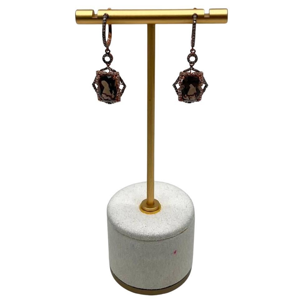 Brown Smoky Quartz Diamonds Halo 14K Rose Gold Statement Drop Earrings
