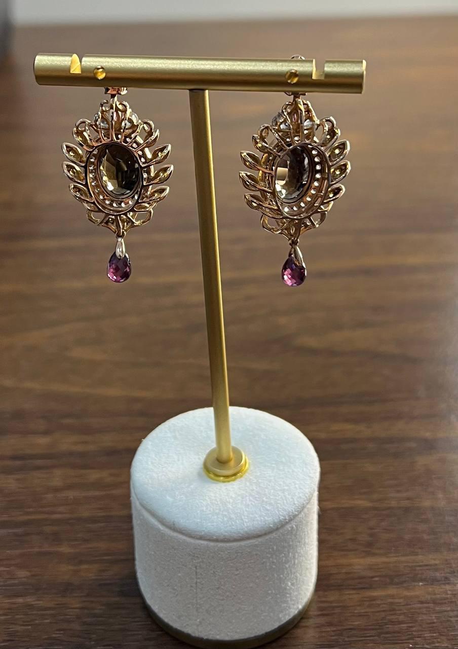 Mixed Cut Brown Smoky Quartz Gemstone Amethyst Diamond Halo 18K Rose Gold Dangle Earrings For Sale