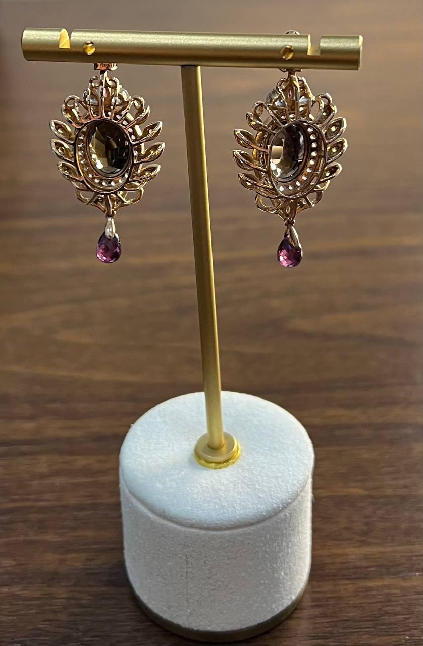 Brown Smoky Quartz Gemstone Amethyst Diamond Halo 18K Rose Gold Dangle Earrings In New Condition For Sale In Oakton, VA