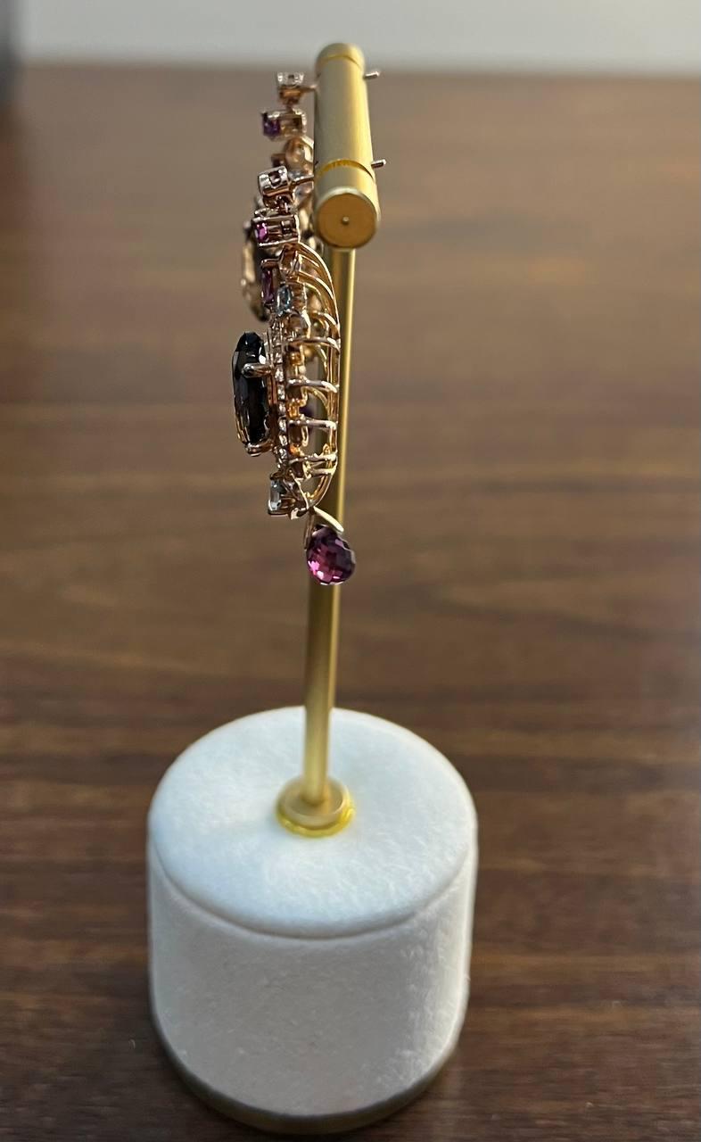 Women's Brown Smoky Quartz Gemstone Amethyst Diamond Halo 18K Rose Gold Dangle Earrings For Sale