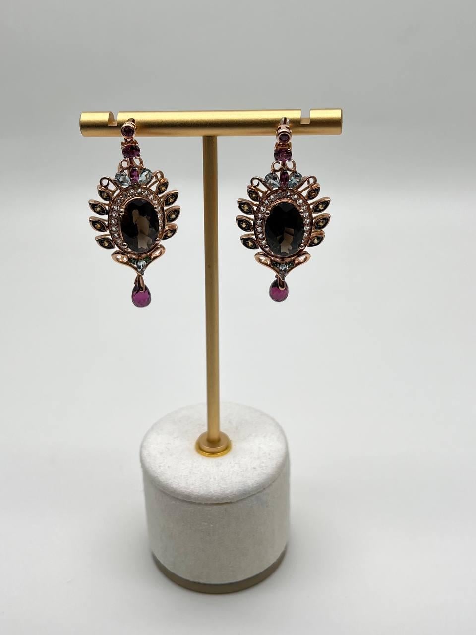 Brown Smoky Quartz Gemstone Amethyst Diamond Halo 18K Rose Gold Dangle Earrings For Sale 1