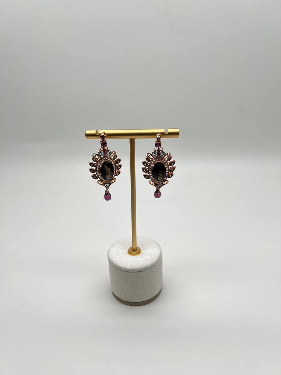 Brown Smoky Quartz Gemstone Amethyst Diamond Halo 18K Rose Gold Dangle Earrings For Sale 2