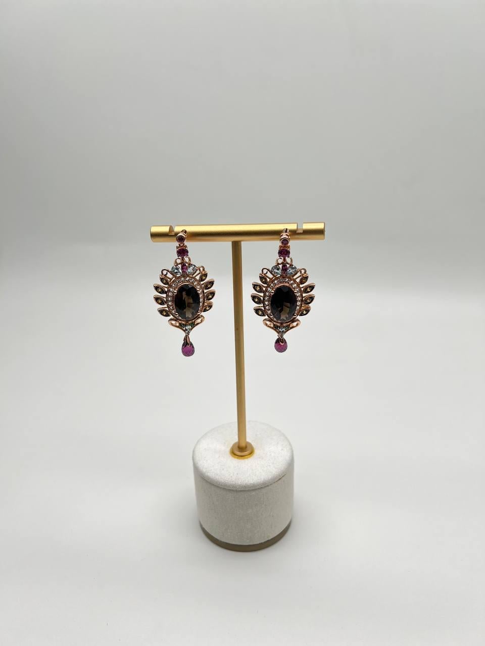 Brown Smoky Quartz Gemstone Amethyst Diamond Halo 18K Rose Gold Dangle Earrings For Sale 4