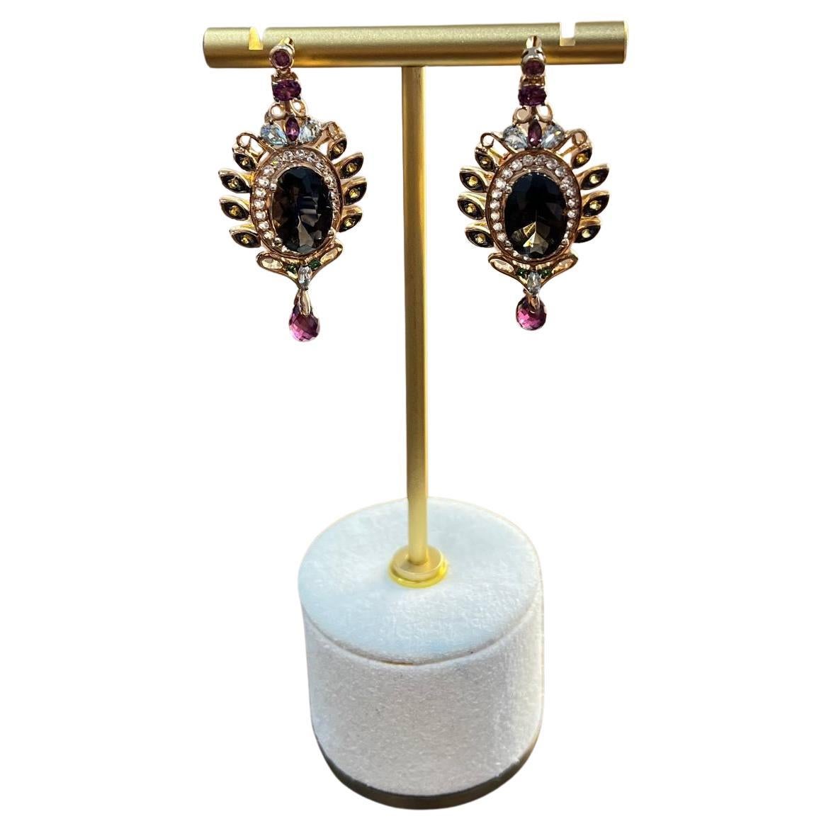 Brown Smoky Quartz Gemstone Amethyst Diamond Halo 18K Rose Gold Dangle Earrings For Sale