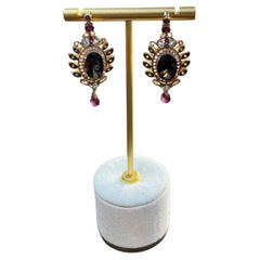Pendientes colgantes de oro rosa de 18 quilates con halo de diamantes y amatista de cuarzo ahumado marrón