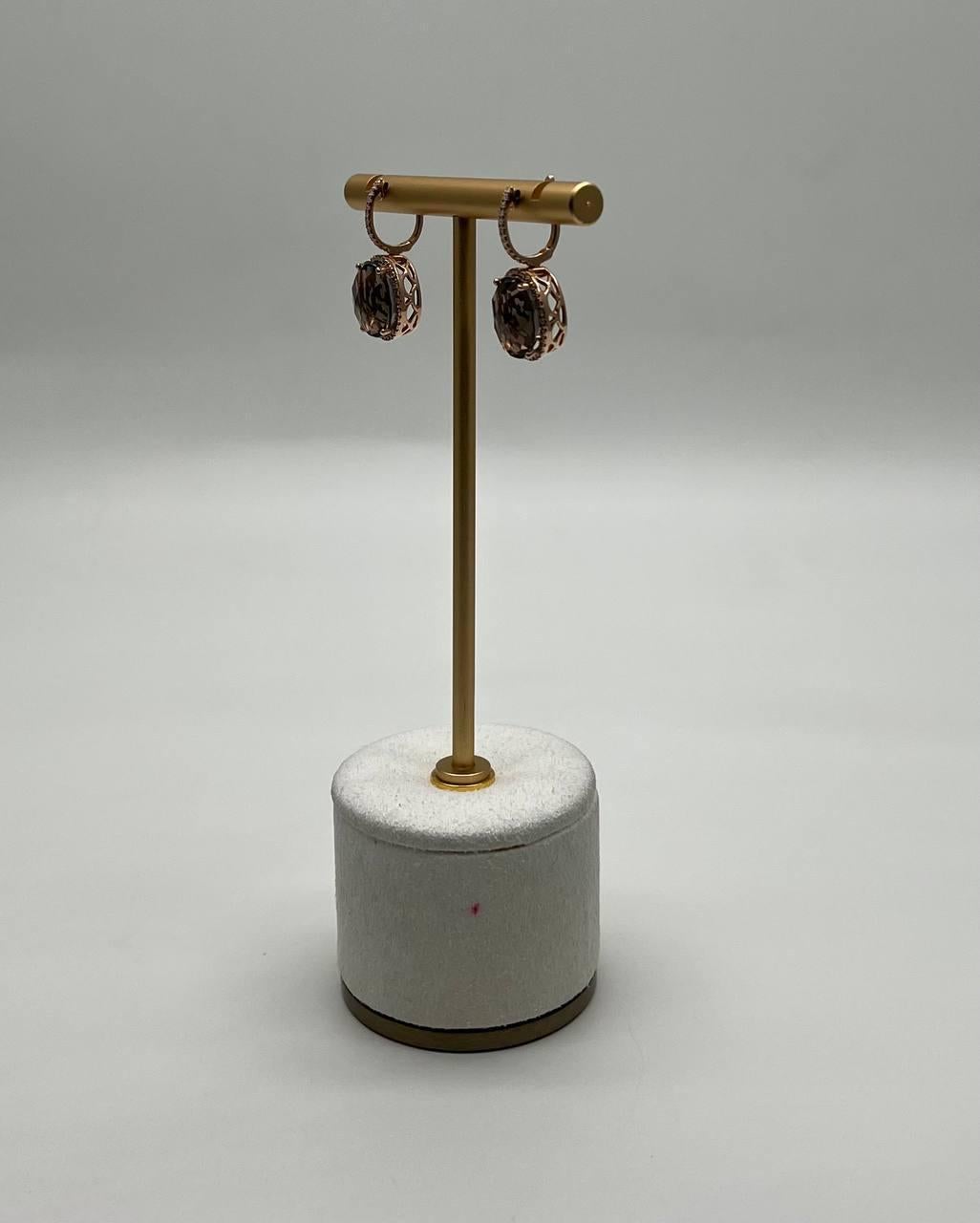 Brown Smoky Quartz Oval Shape Diamond Halo 14K Yellow Gold Dangle Drop Earrings For Sale 5