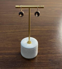 Brown Smoky Quartz Oval Shape Diamond Halo 14K Yellow Gold Dangle Drop Earrings