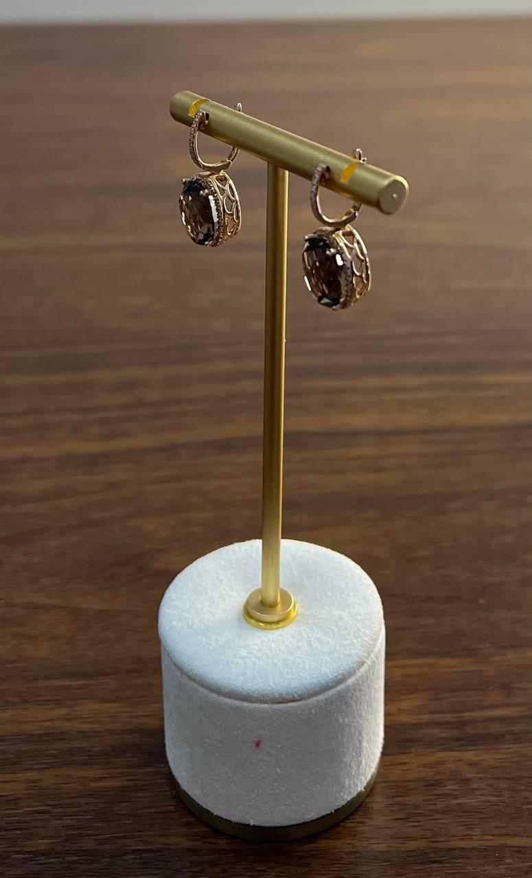 Brown Smoky Quartz Oval Shape Diamond Halo 14K Yellow Gold Dangle Drop Earrings In New Condition For Sale In Oakton, VA
