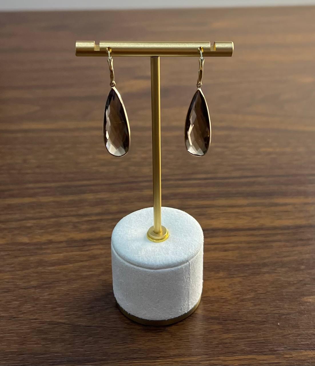 Orecchini a goccia a forma di pera in quarzo fumé marrone in oro giallo 14K in vendita 1