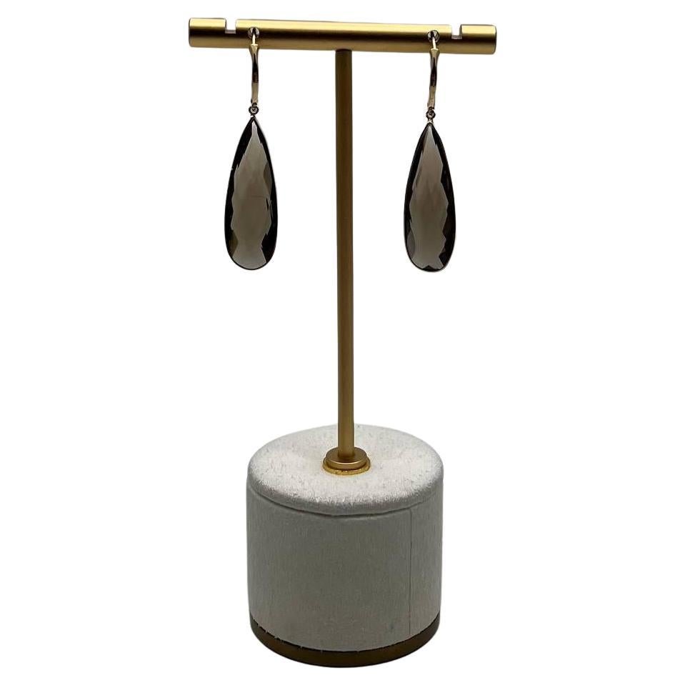 Brown Smoky Quartz Pear Teardrop Shape 14K Yellow Gold Statement Drop Earrings