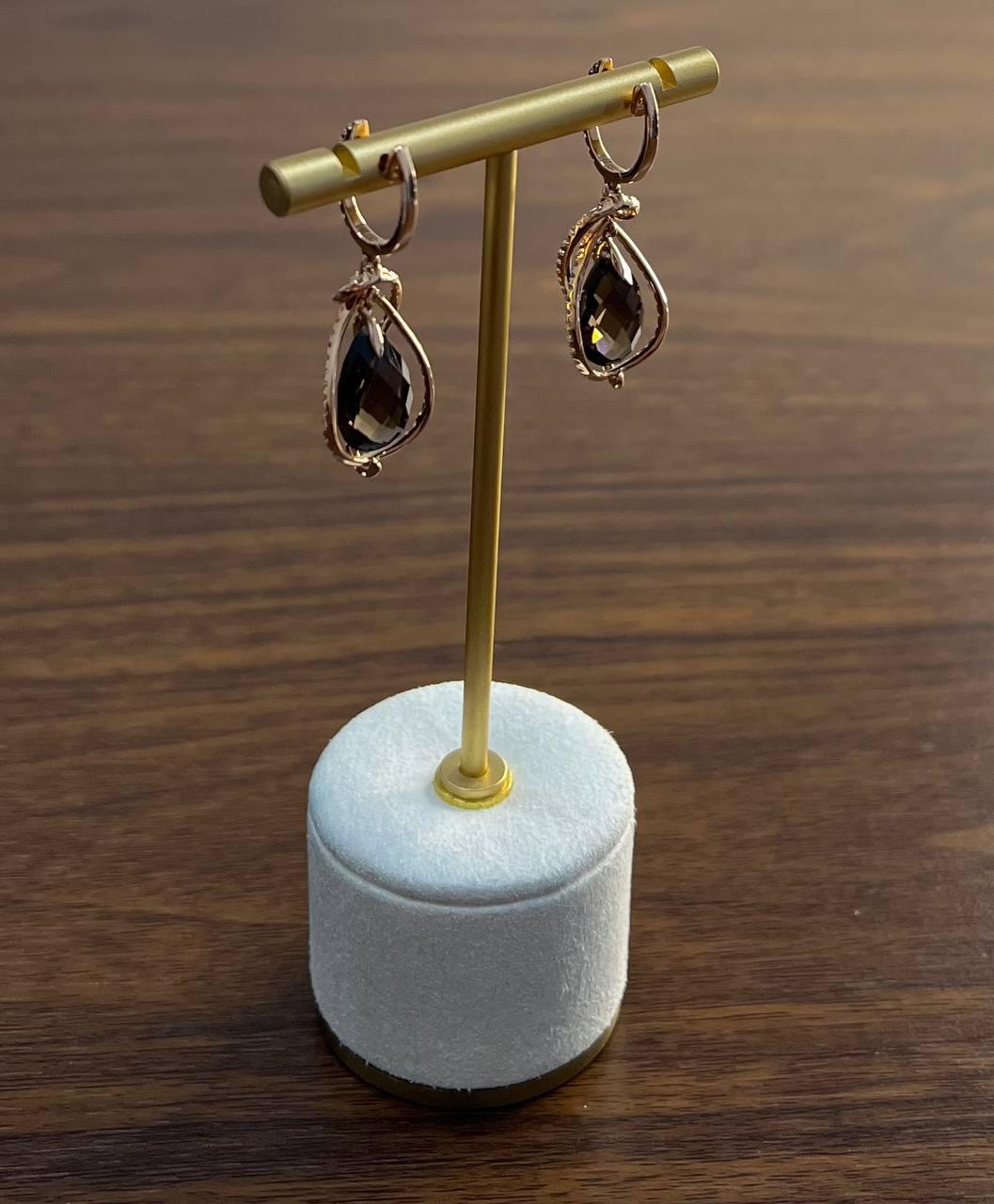 Orecchini in oro rosa 14K con diamanti a forma di goccia di pera di quarzo fumé marrone in vendita 5