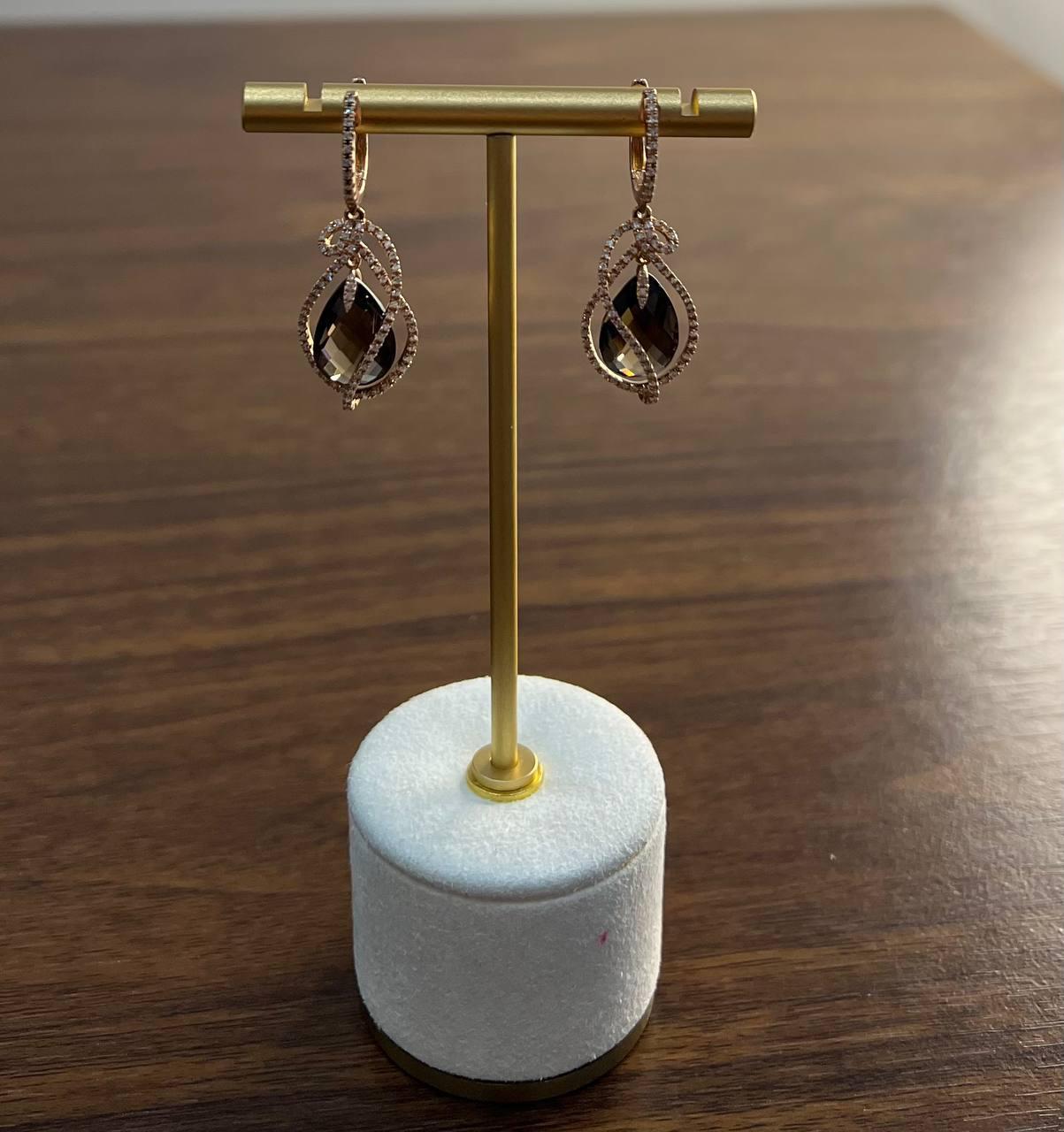 Orecchini in oro rosa 14K con diamanti a forma di goccia di pera di quarzo fumé marrone in vendita 6